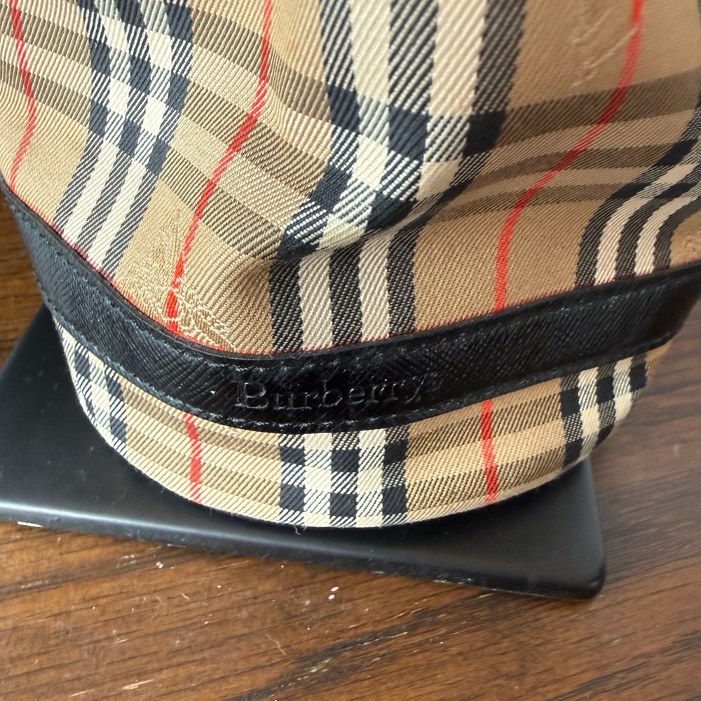 Burberry Beige Classic Check Drawstring Wristlet with Black Trim and Red Accents - Picture 8 of 8